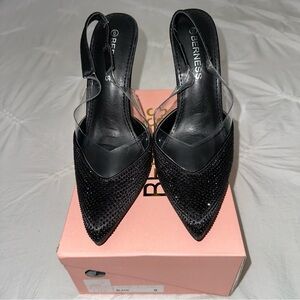 NEW Fashion Nova Black Heels with Embellished Pointed Toe and Slingback Strap